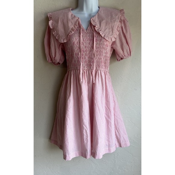 Umgee Dresses & Skirts - Umgee Striped Smocked Mini Dress NWT L Pink Peter Pan Collar Ruffle Coquette